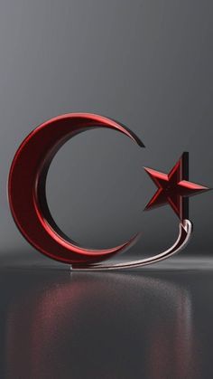 a red crescent and star logo on a gray background with reflection in the flooring