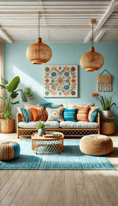 a living room filled with lots of furniture and plants on top of a wooden floor