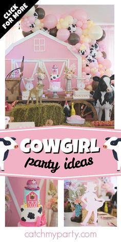 a cowgirl party with pink and black balloons, farm animals, hay bales