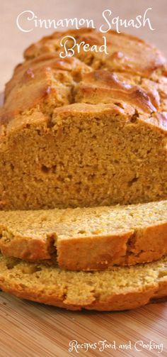 a loaf of cinnamon squash bread sitting on top of a wooden cutting board