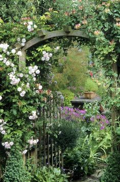 a garden filled with lots of flowers next to a lush green hedge covered in pink and white roses