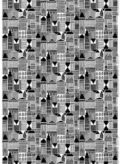 an abstract black and white pattern with buildings