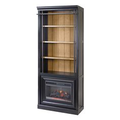 an open bookcase with a fire place in it