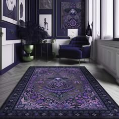 a room with purple walls and rugs on the floor