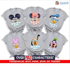 six mickey mouse shirts with cartoon characters on them