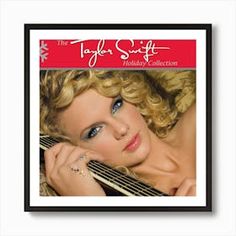 a woman with blonde hair holding a guitar in front of a red and white background