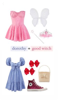 some clothes and accessories are arranged on a white background with the words, dorothy + good witch