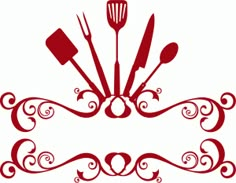 a red sign with utensils and spoons in the center on a white background