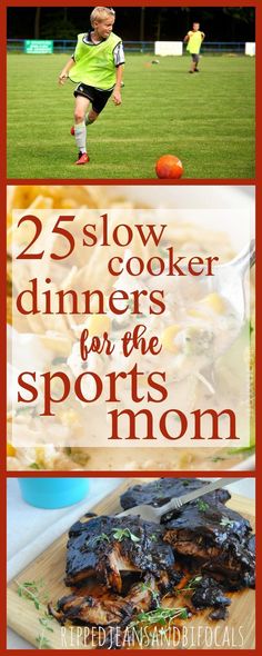 three different pictures with the words 25 slow cooker dinners for the sports mom