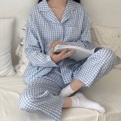 Pyjamas Women Blue Plaid Fashion 2pieces Sets Loungewear Women Casual Harajuku Spring Loose Pajamas Piyama Korea, Korean Pajamas, Casual Lounge Wear, Pijamas Women, Sleep Sets, Full Sleeve Top, Male Character, Grid Girls, Plaid Pajamas