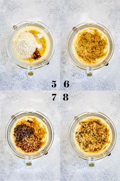 four bowls with different types of food in them and the numbers on each bowl below