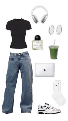 a woman in black shirt and jeans with headphones, laptop and other items on white background