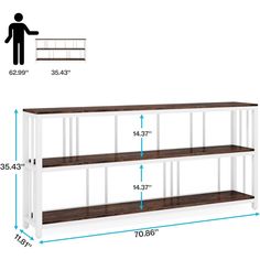 a white shelf with three shelves and measurements for the height of each shelf in front of it