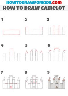 How to Draw Camelot - Easy Drawing Tutorial For Kids Draw Buildings, Knights Of The Round Table, Simple Building, Sketching Tips, Easy Drawing Tutorial, Building Drawing, Drawing Tutorials For Kids, Quaint Cottage, Small Flags