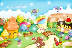 an image of a candy land scene with lots of candies and lollipops