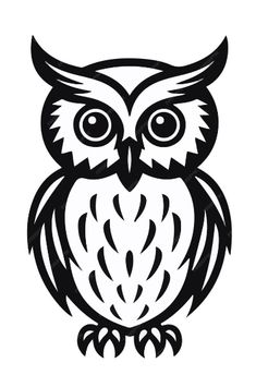 an owl with big eyes sitting on top of a white background, in black and white