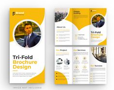 three fold brochure design with an image of a man in a suit and tie