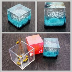 four different images of cubes with blue and pink colors