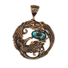 (OOAK012) Bronze and Turquoise Phoenix Pendant Turquoise Metal Round Pendant Jewelry, Turquoise Symbolic Round Jewelry, Bronze Patina Pendant Jewelry, Bronze Pendant Jewelry With Patina, Bronze Patina Pendant, Nickel-free Antique Gold Copper Jewelry, Unique Patina Round Pendant Necklace, Artisan Jewelry With Patina Round Pendant, Artisan Round Pendant Jewelry With Patina