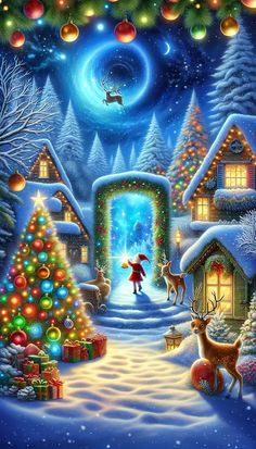 A vibrant winter scene with a snow-covered landscape, festive decorations, a Christmas tree, and Santa approaching a magical gateway. Christmas Tree And Santa, Winter Scene, Winter Scenes, Festival Decorations, Christmas Eve, Christmas Tree, Festival, Christmas