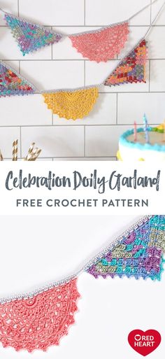 crochet doily garland with the text celebration doily garland free crochet pattern