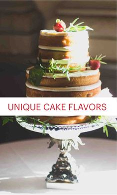 a cake sitting on top of a white table with the words unique cake flavors above it