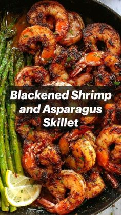 grilled shrimp and asparagus skillet with lemon wedges