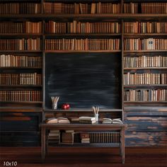 an old wooden desk in front of a bookshelf with chalkboard and apple on it