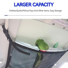 a green bird sitting on top of a piece of luggage in the back of an airplane