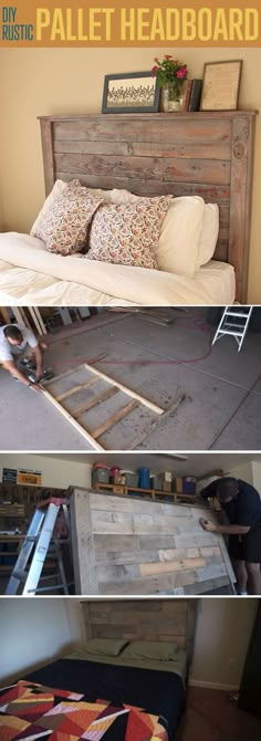 three different pictures of a bed made out of pallet boards and some other things