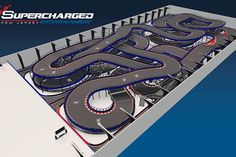 an animated model of a race track with the words super charged entertainment on it's side