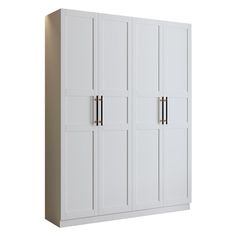 a white cabinet with three doors and two drawers on the front, against a white background