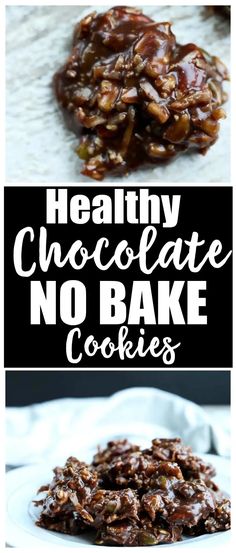 healthy chocolate no bake cookies on a white plate with text overlay that reads, healthy chocolate no bake cookies