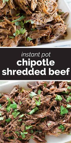 instant pot chipotle shredded beef on a white plate with cilantro and parsley