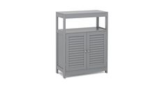 a gray cabinet with shutter doors on the top and bottom shelf, in front of a white background