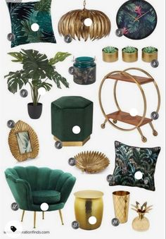 a collage of green and gold items including chairs, lamps, plants and other decorations