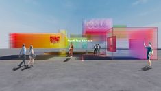 people are walking around in front of an audi service building with colorful walls and windows