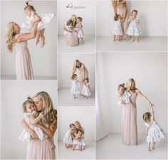 a mother holding her two daughters while posing for pictures