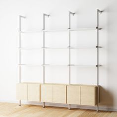 Modular Shelving Units - Aluminum Shelves + Wood Cabinets Aluminum Shelves, Shelves Wood, Shelving Design, Frame Shelf, Modular Shelving, Vinyl Storage, Modern Shelving, Shelving Units, Low Shelves