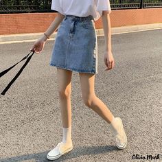 Olivia Mark - Vintage High-Waisted Denim Skirt with Hip-Hugging and Thigh-Covering Design Umbrella Design, A Line Denim Skirt, High Waisted Denim Skirt, Umbrella Skirt, Skirts Midi High Waisted, Denim Skirt Women, Half Skirt, Denim Midi Skirt, Denim Short