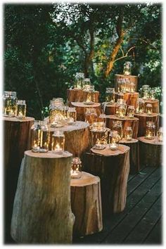 candles are lit on wooden stumps in the middle of a forest area with trees