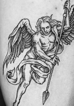 an angel holding a spear with wings on his arm and sitting on the back of a man