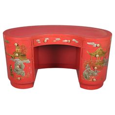 This is a very unique desk. The desk is paint decorated in chinoiserie Chinese painted figures in Chinese pastural settings. The desk Measures 60 wide x 31 deep x 30.5 tall. The desk is in good condition with minor scuffing from vacuum bumpers hitting the bottom of the desk and minor abrasions on drawers. Dates to the 1950s era. Kidney Shaped Desk, Hollywood Regency Interior, Leather Top Desk, French Country Glam, Chinoiserie Table, Ladies Writing Desk, Red Desk, Antique Writing Desk, Unique Desk