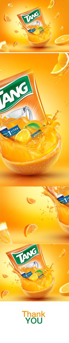 an advertisement with orange juice on the bottom and yellow liquid on the bottom, in two separate images