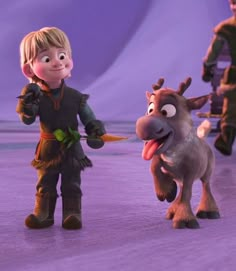 the animated character is being led by an animal in front of other characters on a purple background