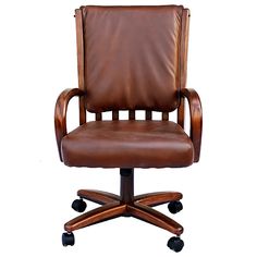 a brown leather office chair sitting on top of a wooden desk with casteor wheels