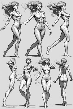 a woman poses in various poses and poses for the character model, with long hair