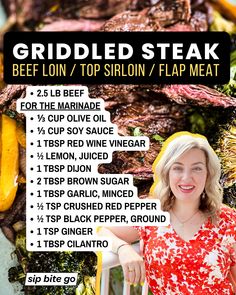 Infographic with ingredients for cooking Beef Loin Top Sirloin Flap Meat Recipe On Griddle with Jenna Passaro and Sip Bite Go logo Beef Loin Top Sirloin Steak Marinade, Beef Loin Flap Meat Steak Recipes, Beef Flap Meat Recipes, Beef Loin Top Sirloin, Sirloin Marinade, Sirloin Steak Marinade, Steak Marinade For Grilling, Cuts Of Steak