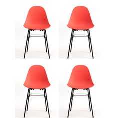 four orange chairs sitting next to each other on top of a white floor with black legs