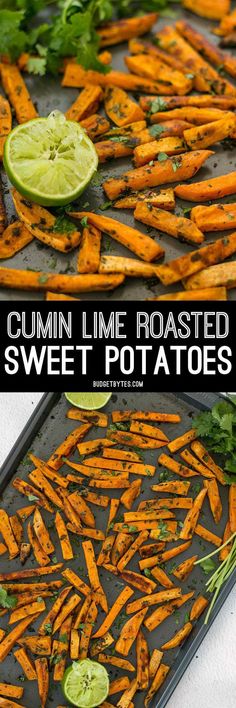 sweet potato wedges with lime and cilantro served on a baking sheet, ready to be eaten